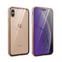 Etui z ramką metalową i szkłem hartowanym anti-blue-ray do części przedniej i tylnej iPhone X / XS - złote