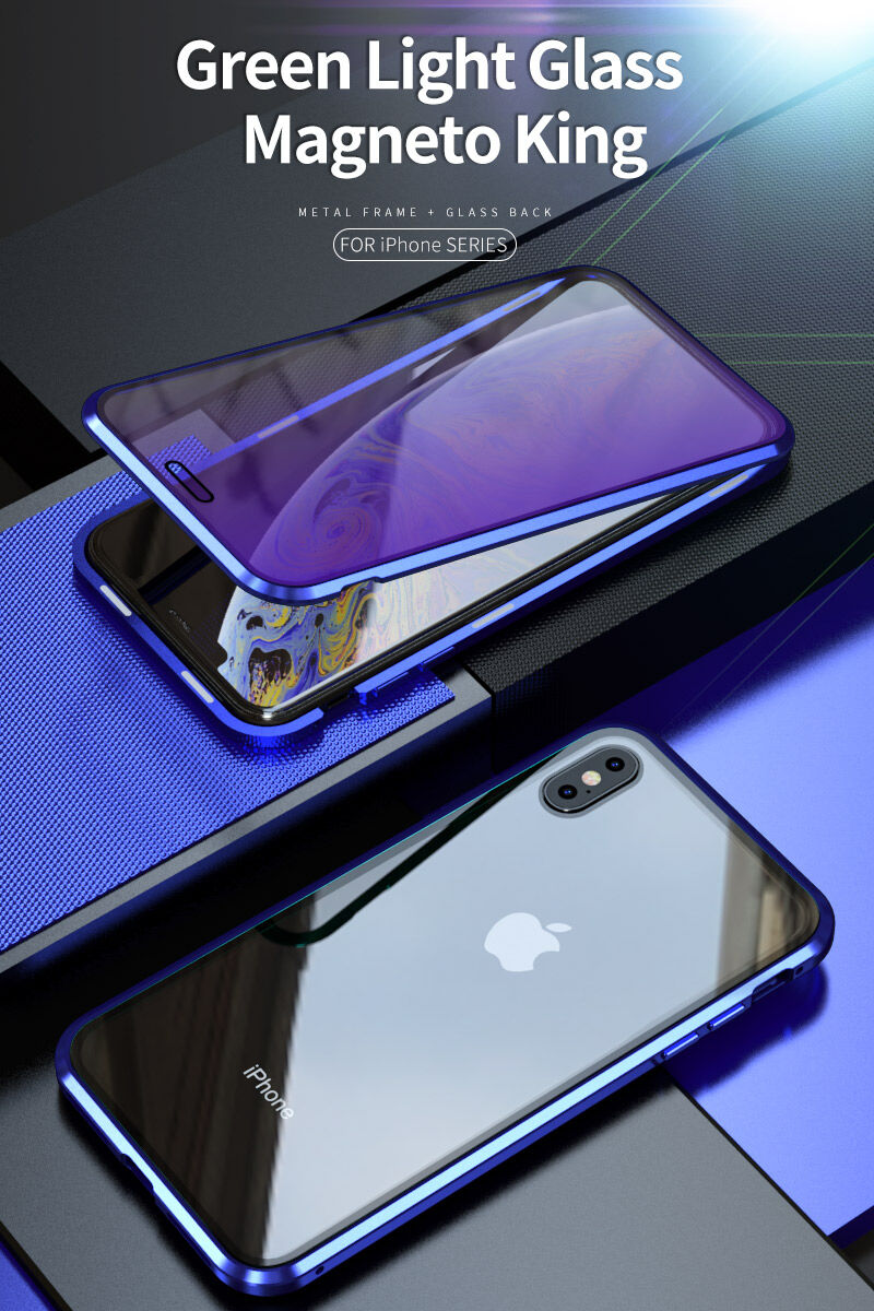 Etui z ramką metalową i szkłem hartowanym anti-blue-ray do części przedniej i tylnej iPhone X / XS - złote