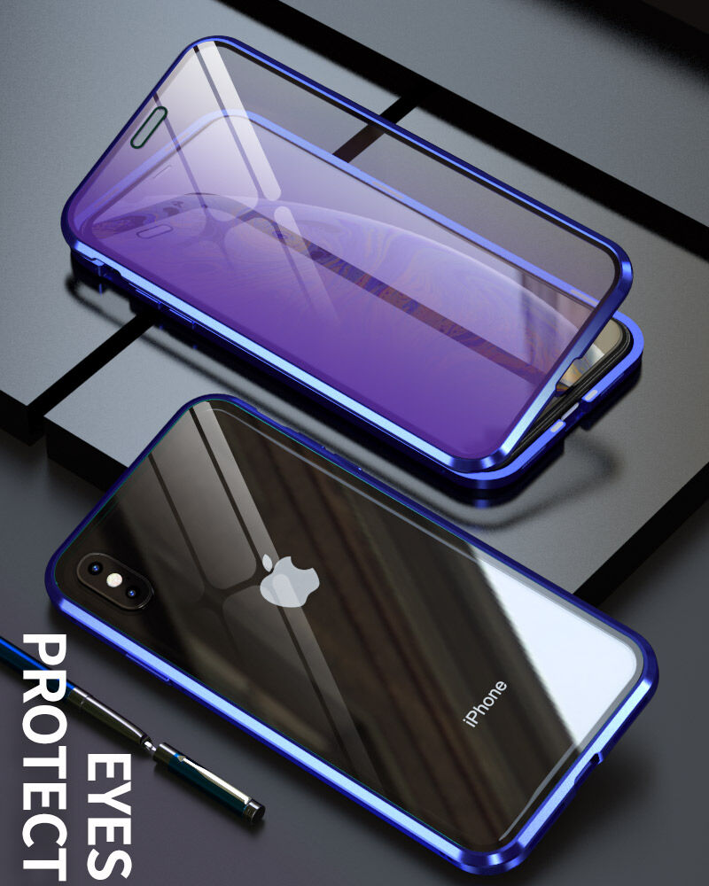 Etui z ramką metalową i szkłem hartowanym anti-blue-ray do części przedniej i tylnej iPhone X / XS - złote