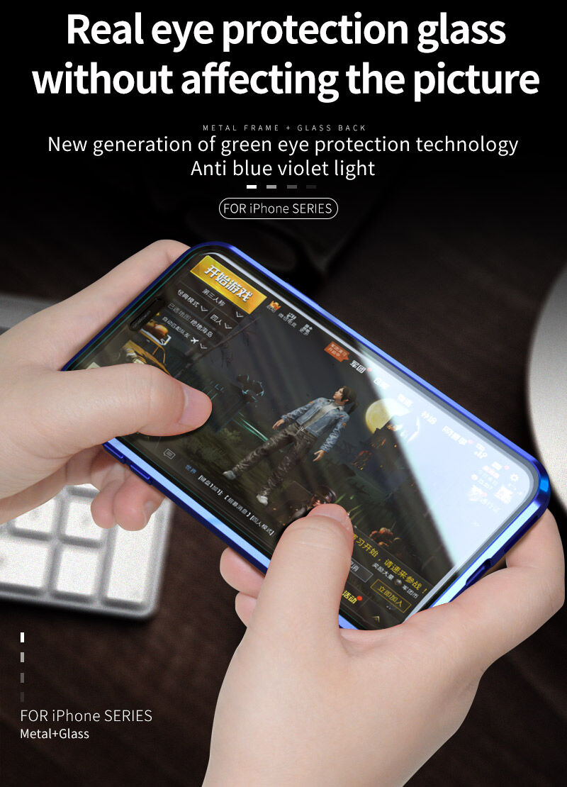 Etui z ramką metalową i szkłem hartowanym anti-blue-ray do części przedniej i tylnej iPhone X / XS - złote