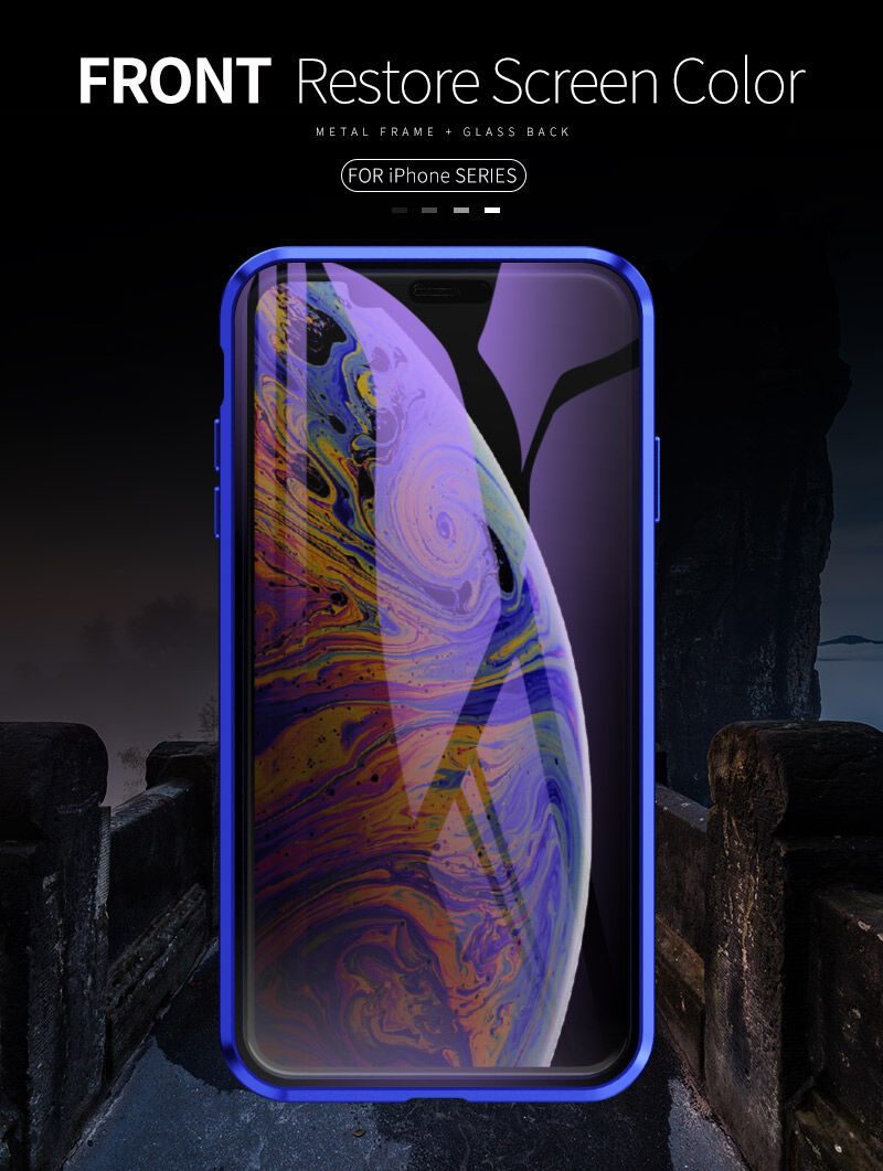 Etui z ramką metalową i szkłem hartowanym anti-blue-ray do części przedniej i tylnej iPhone X / XS - złote