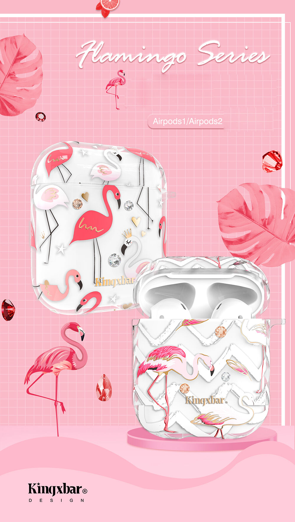 Kingxbar etui przezroczyste z kamyczkami do AirPods 1 / 2 - fale i flamingi