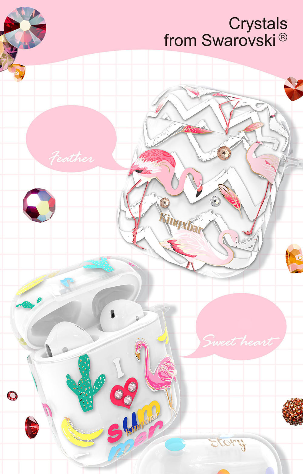 Kingxbar etui przezroczyste z kamyczkami do AirPods 1 / 2 - fale i flamingi