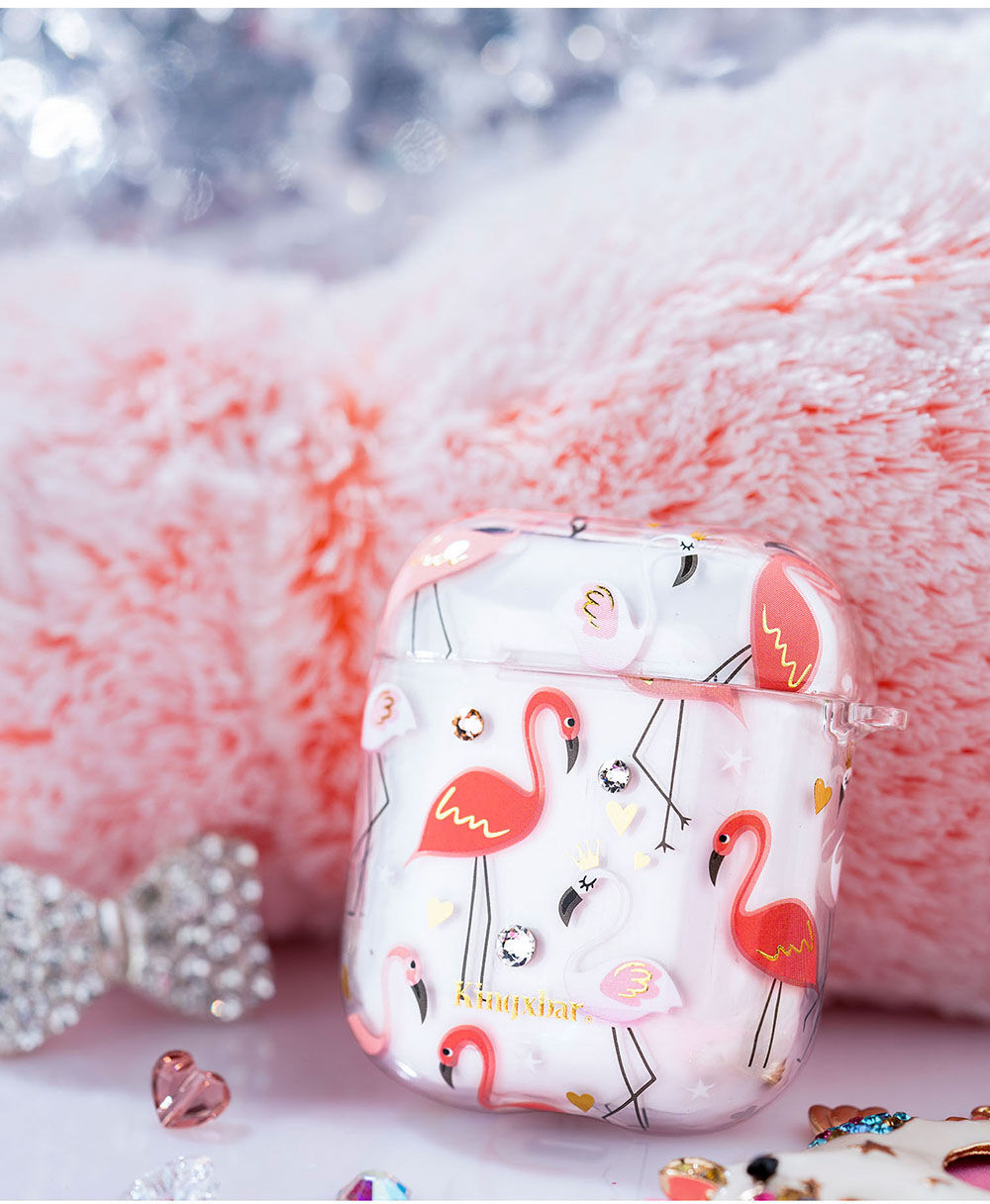 Kingxbar etui przezroczyste z kamyczkami do AirPods 1 / 2 - fale i flamingi