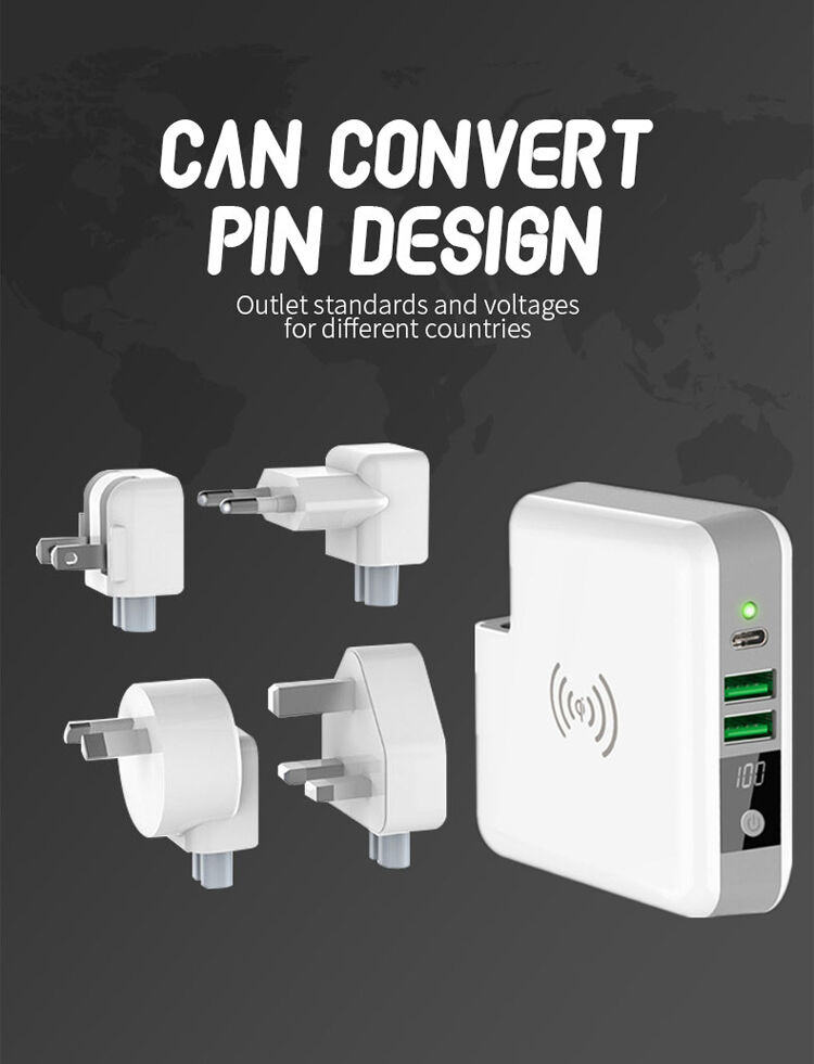 Ładowarka / power bank 6700mAh z wymiennymi wtyczkami (AU / UK / US / EU) i ładowaniem bezprzewodowym