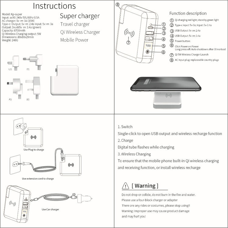 Ładowarka / power bank 6700mAh z wymiennymi wtyczkami (AU / UK / US / EU) i ładowaniem bezprzewodowym Ładowarka / power bank 6700mAh z wymiennymi wtyczkami (AU / UK / US / EU) i ładowaniem bezprzewodowym