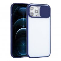 Półprzezroczyste etui z przesuwaną osłoną obiektywu aparatu do iPhone 12 Pro Max - niebieskie