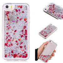 Etui ochronne z pływającymi cekinami dla Apple iPhone SE (2016) / 5S / 5 - srebrne z czerwonymi serduszkami