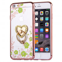 Luksusowe etui ze złotym sercem i uchwytem z kamieniami dla Apple iPhone 6 Plus / 6S Plus - zielone kwiaty