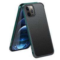 Etui z teksturą włókien karbonowych i ramką ochronną do iPhone 12 / 12 Pro - ciemnozielony