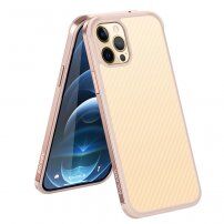 Etui z teksturą włókien karbonowych i ramką ochronną do iPhone 12 mini - różowo-złoty