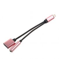Redukcja z lightning złącza do jednoczesnego podłączenia słuchawek i ładowarki dla iPhone - różowo-złota