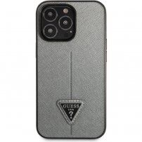 Pokrowiec Guess Saffiano Triangle dla iPhone 13 Pro - srebrny