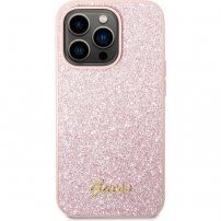 Guess Glitter Flakes Metal Logo brokatowy pokrowiec dla iPhone 14 Pro Max - różowy