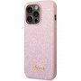 Guess Glitter Flakes Metal Logo brokatowy pokrowiec dla iPhone 14 Pro Max - różowy