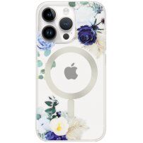 Kwiecista matowa przezroczysty pokrowiec z MagSafe dla iPhone 13 Pro Max - niebieskie