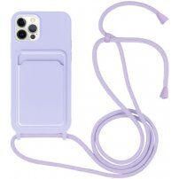 Silikonowa osłona ze smyczą i kieszenią na kartę dla iPhone 12 Pro Max - fioletowy