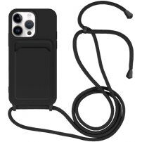 Silikonowa osłona ze smyczą i kieszenią na kartę dla iPhone 13 Pro - czarny