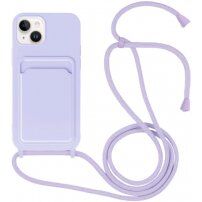 Silikonowa osłona ze smyczą i kieszenią na kartę dla iPhone 14 - fioletowy