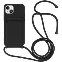 Silikonowa osłona ze smyczą i kieszenią na kartę dla iPhone 14 Plus - czarny