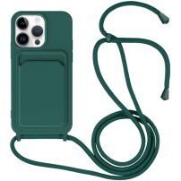Silikonowa osłona ze smyczą i kieszenią na kartę dla iPhone 14 Pro - naftowy