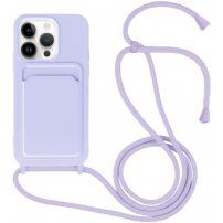 Silikonowa osłona ze smyczą i kieszenią na kartę dla iPhone 14 Pro - fioletowy