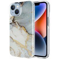 Marmurowa osłona z brokatem dla iPhone 14 Plus - szaro-złote