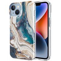 Marmurowa osłona z brokatem dla iPhone 14 Plus - turkusowo-złoty
