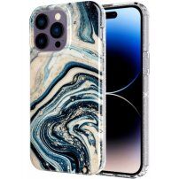 Marmurowa osłona z brokatem dla iPhone 14 Pro - niebiesko-złoty