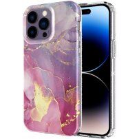 Marmurowa osłona z brokatem dla iPhone 14 Pro Max - różowo-fioletowy