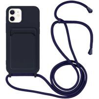 Silikonowa osłona ze smyczą i kieszenią na kartę dla iPhone 11 - ciemnoniebieski