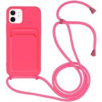 Silikonowa osłona ze smyczą i kieszenią na kartę dla iPhone 11 - neonowy róż