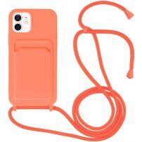 Silikonowa osłona ze smyczą i kieszenią na kartę dla iPhone 11 - neonowo-pomarańczowy