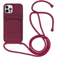 Silikonowa osłona ze smyczą i kieszenią na kartę dla iPhone 11 Pro Max - bordowe