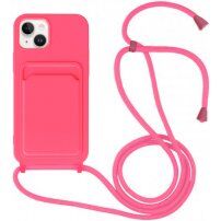 Silikonowa osłona ze smyczą i kieszenią na kartę dla iPhone 13 - neonowy róż