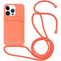 Silikonowa osłona ze smyczą i kieszenią na kartę dla iPhone 13 Pro Max - neonowo-pomarańczowy