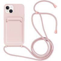 Silikonowa osłona ze smyczą i kieszenią na kartę dla iPhone 14 - różowy