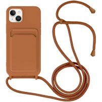 Silikonowa osłona ze smyczą i kieszenią na kartę dla iPhone 14 - brązowe