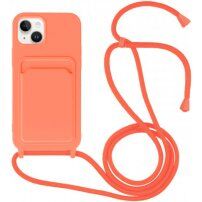 Silikonowa osłona ze smyczą i kieszenią na kartę dla iPhone 14 - neonowo-pomarańczowy