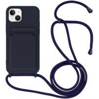 Silikonowa osłona ze smyczą i kieszenią na kartę dla iPhone 14 Plus - ciemnoniebieski