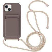 Silikonowa osłona ze smyczą i kieszenią na kartę dla iPhone 14 Plus - ciemnobrązowy