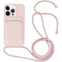 Silikonowa osłona ze smyczą i kieszenią na kartę dla iPhone 14 Pro - różowy