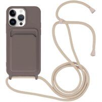 Silikonowa osłona ze smyczą i kieszenią na kartę dla iPhone 14 Pro Max - ciemnobrązowy