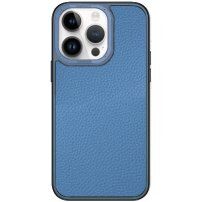 Skórzana okładka z platerowaną ramą dla iPhone 13 Pro - niebieskie