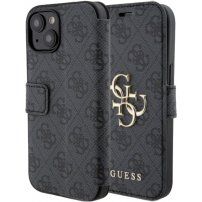Etui z klapką Guess 4G Metal Logo na iPhone 15 - szare