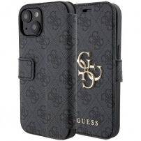 Etui z klapką Guess 4G Metal Logo na iPhone 15 Plus - szare