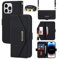 Portfelowe etui z klapką i paskiem do iPhone'a 15 Pro Max - czarne