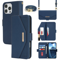 Portfelowe etui z klapką z paskiem do iPhone'a 16 Pro Max - ciemnoniebieskie