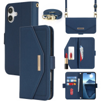 Portfelowe etui z klapką z paskiem do iPhone'a 16 Plus - granatowe