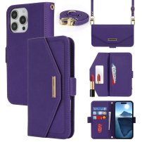 Portfelowe etui z klapką z paskiem do iPhone'a 16 Pro Max - fioletowe